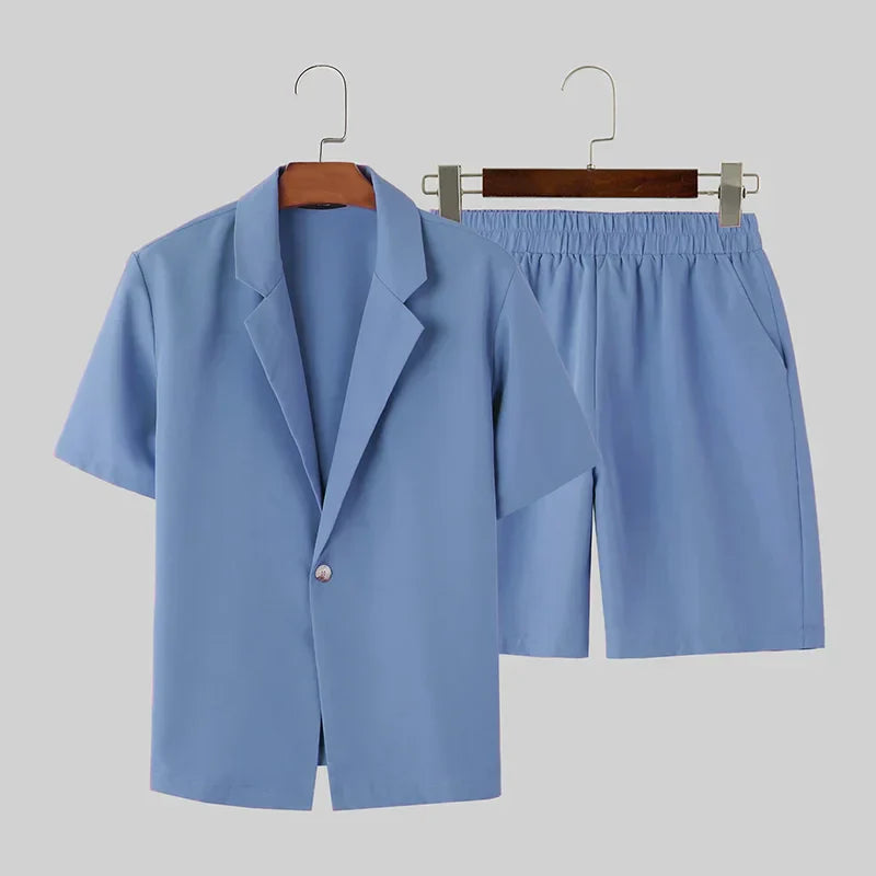 maoxiangshop 2024 American Style New Men's Stylish Sets Solid Short Sleeved Blazer Shorts Leisure Streetwear Male Suit 2 Pieces S-5XL