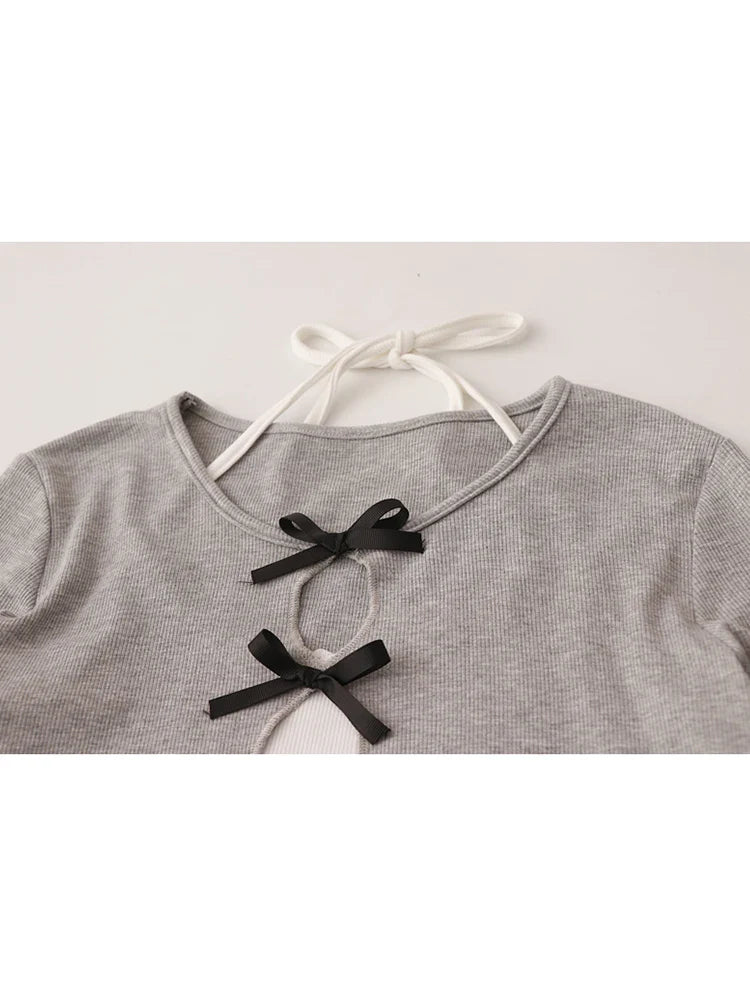 Womnen Korean Fashion Long Sleeve Hollow Out Crop Top Gyaru Fake Two Pieces T-Shirts Grunge Coquette Girl Lace Up Tees 2000s Y2k