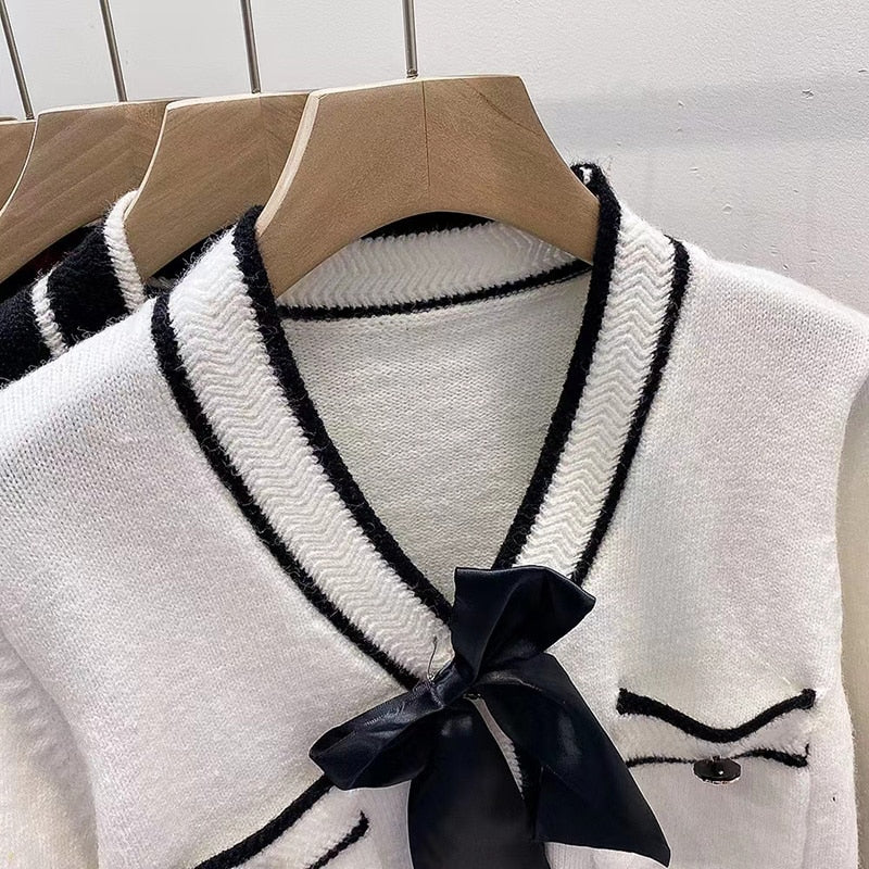 Knitted Cardigan Female Red Short Fashion Sweater women's Loose Bow Solid Long-Sleeved Kawaii Autumn High-Waist Knitted Top