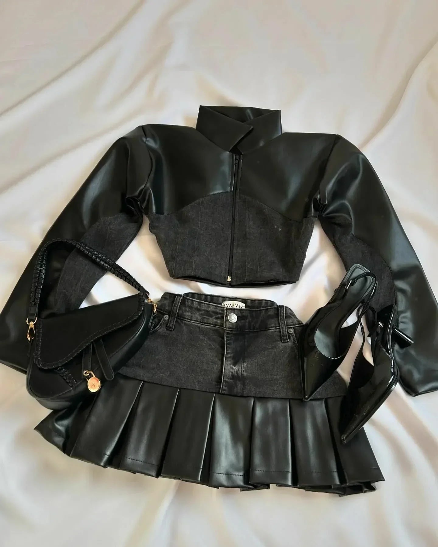 maoxiangshop - Y2K Harajuku Gothic Leather Jacket Casual Skirts Gothic Fashion Leather Patchwork Two Piece Clothing gothic Women Hot Sweetheart