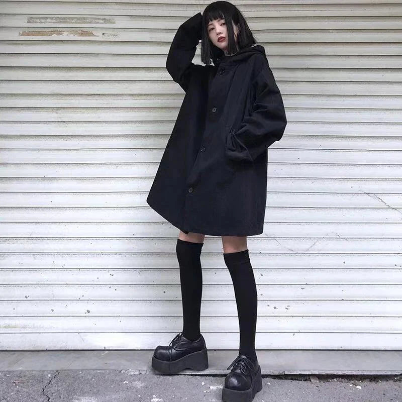 Harajuku Black Jacket Women Dark Academic Long Sleeve Loose Hooded Midi Outwear Bf Streetwear Oversized Casual Capes Coats