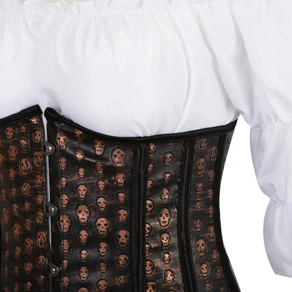 maoxiangshop - Corset Dress Suit Leather Bustiers Outfits for Women Steampunk Skull Underbust Skirt White Blouse Set Carnival Party plus size