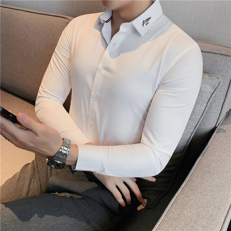 maoxiangshop British Style Men Long Sleeved Shirt Autumn Anti-wrinkle Soft Solid Casual Elastic Slim Fit Camisas Y Blusas Men Clothing