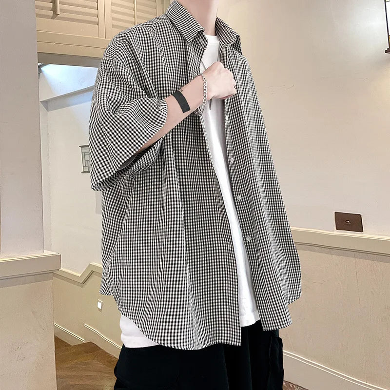 maoxiangshop Shirt Man fashion Streetwear Casual Plaid Shirt Men'S Half Sleeve High Quality 2024 Loose Spring Summer Fashion Chemise Homme