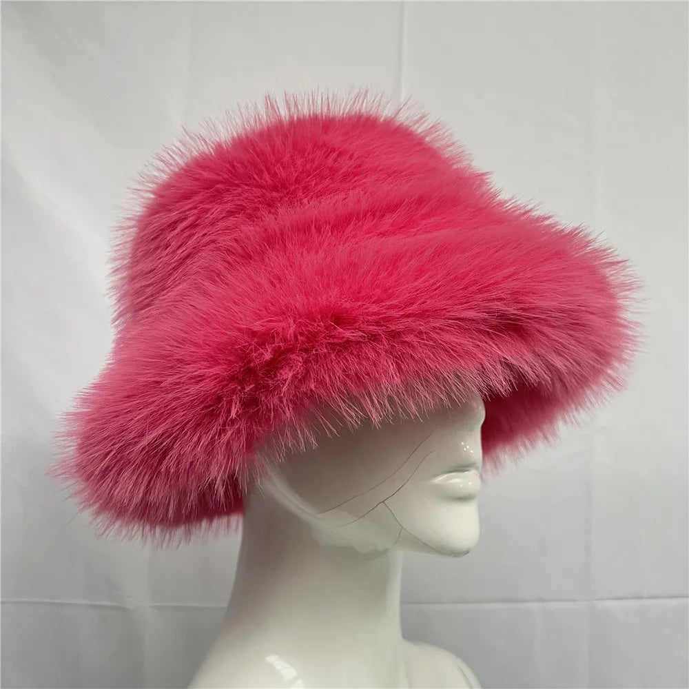 maoxiangshop - Luxury Ins Hot Y2k Girls Faux Fox Fur Bucket Hat Women Winter Warm Rabbit Fur Plush Fisherman Hat Cap Festival Party Ski Panama