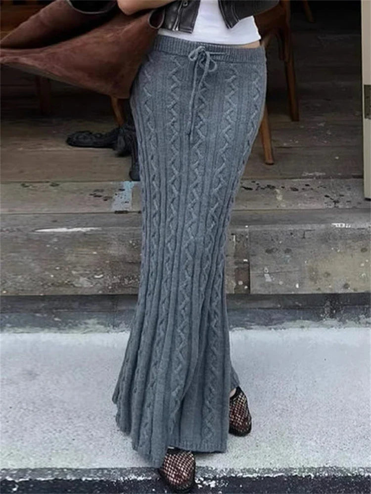 maoxiangshop - Twists Woolen Knitted Maxi Skirt Women Lacing Low Rise Slim Long Fishtail Skirt Hottie Autumn Winter Streetwear