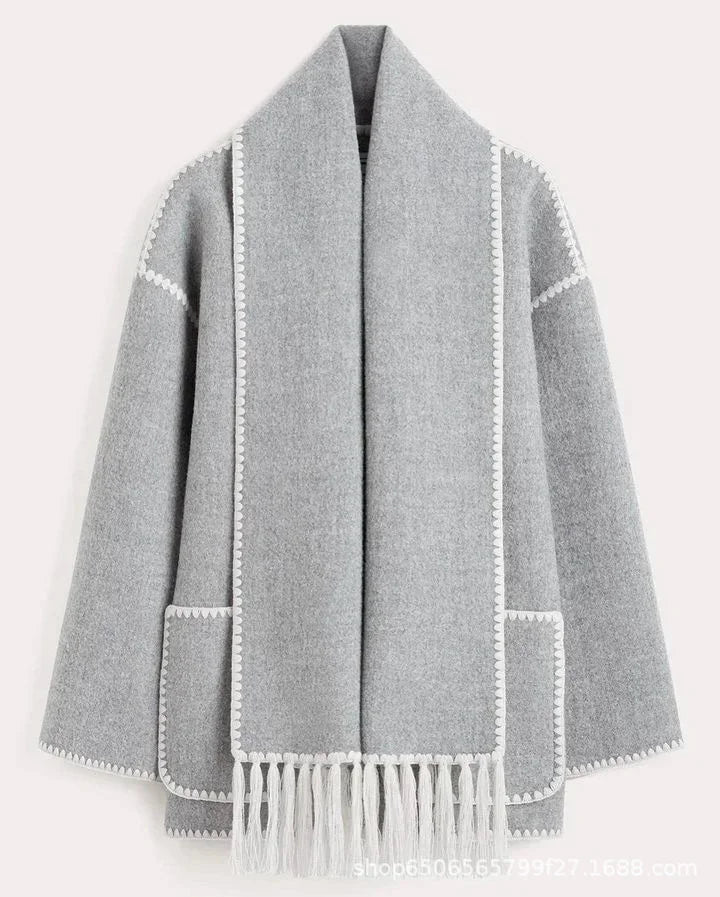 maoxiangshop - Fashion Loose Women Coat With Scarf Long Sleeve Pocket Single Breasted Female Coat 2024 Autumn Winter Fashion Lady Street Jacket