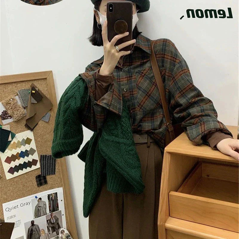 maoxiangshopVintage Plaid Shirt Women Harajuku Retro Long Sleeve Oversized Blouse Korean Streetwear Turn Down Collar Loose Casual Tops