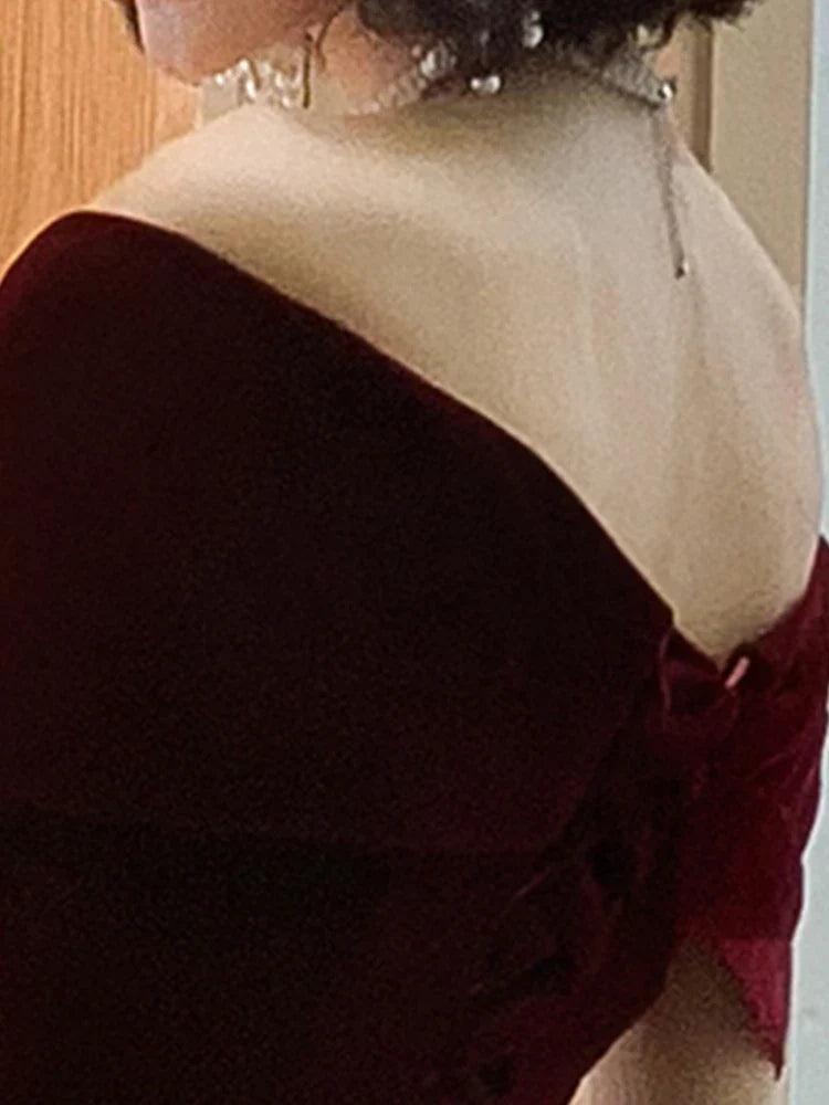 maoxiangshop Spring Long Luxury Elegant Wine Red Soft Velvet Evening Party Wedding Dresses for Women Off Shoulder Maxi Dress