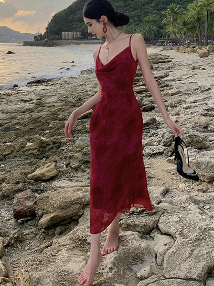 Women Summer New Elegent Sleeveless Red Spaghetti Strap Dress Female Fashion Party One Piece Vestidos Backless Clothes