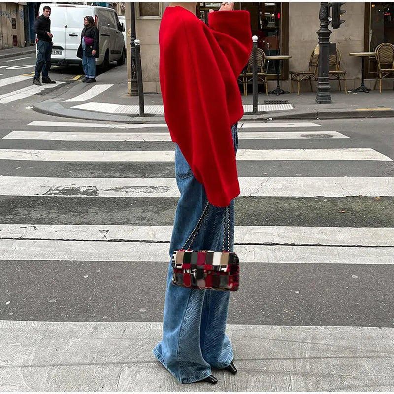 maoxiangshop - Loose Casual Red knitted Sweater Female 2024 Fashion Autumn Winter Long Sleeve Pullovers V Neck Splice Women's Solid Top