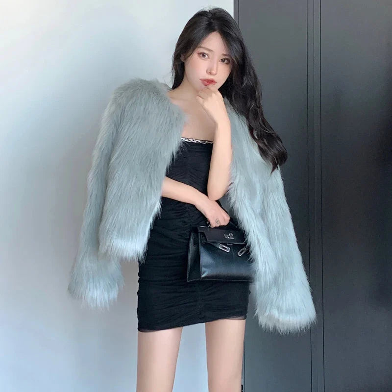 Fashion Harajuku Faux Fox Fur Coat Women Winter Korean Slim Leather Jacket Female Casual Natural Color Open Stitch Coat