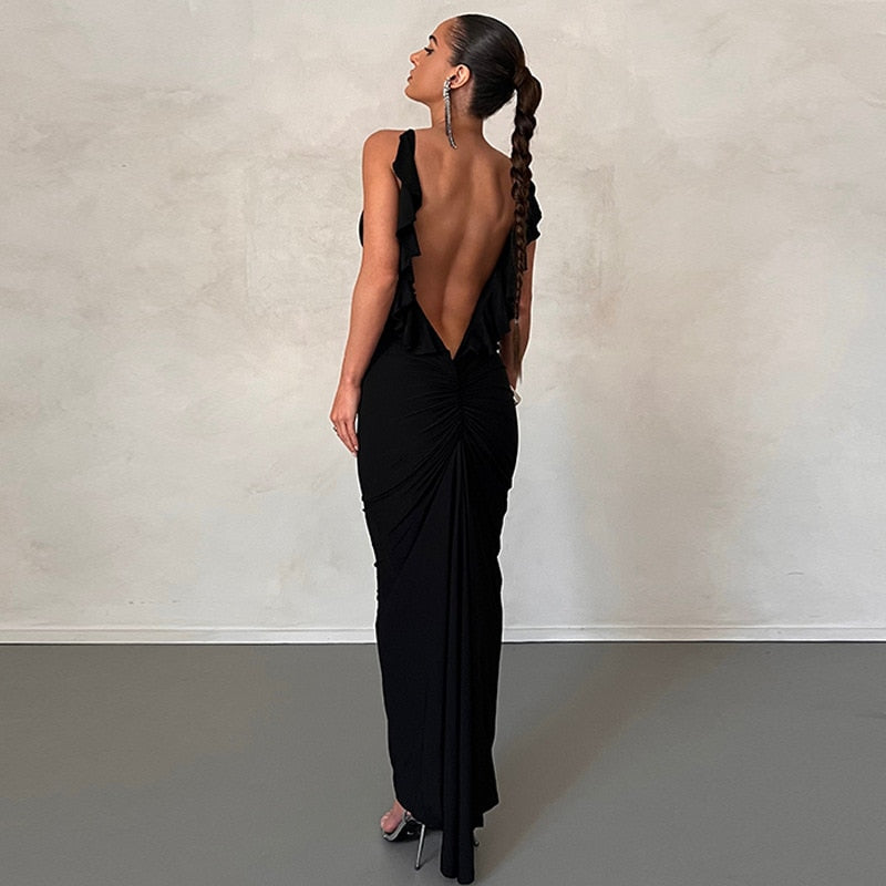 maoxiangshop Backless Maxi Dress Elegant Red Long Sleeve Sexy Ruched Bodyocn Evening Party Dress for Women Spring Slim Christmas Outfits