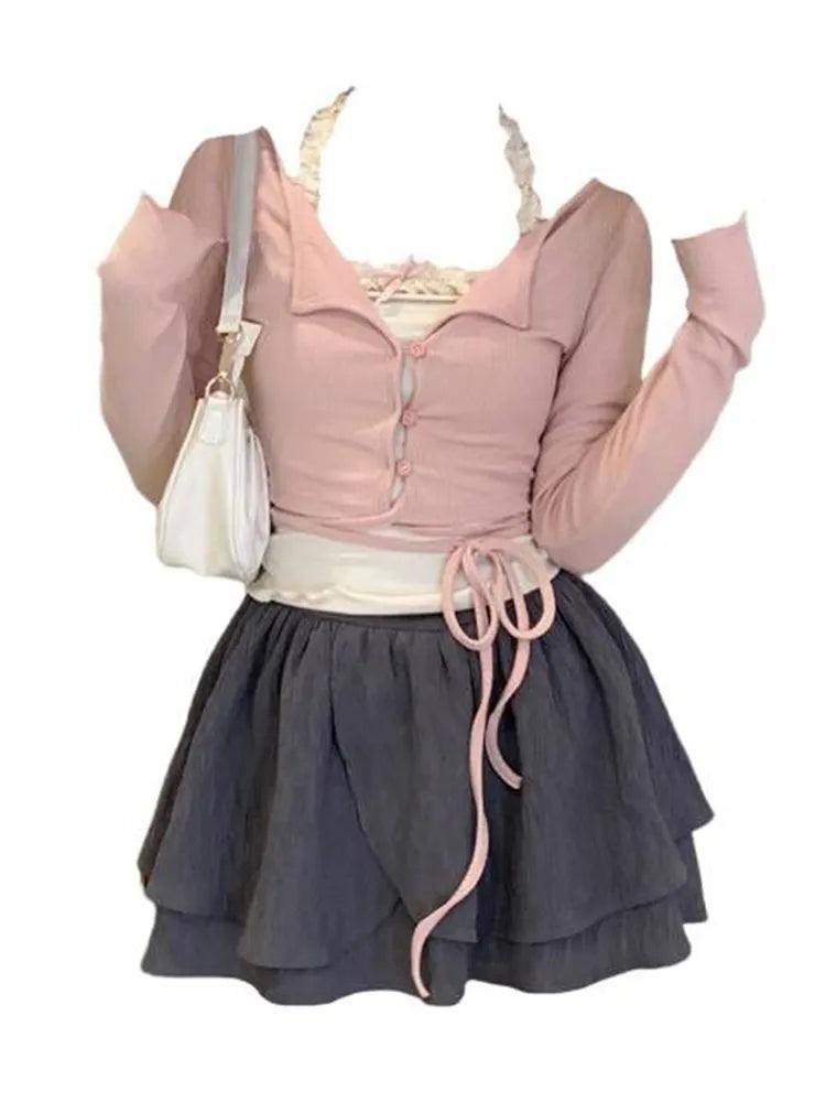 maoxiangshopFashion Elegant Preppy Style 2 Piece Skirt Set Fake Two Pieces V-Neck Crop Top + Elastic Waist Mini A-line Skirt Y2K Streetwear