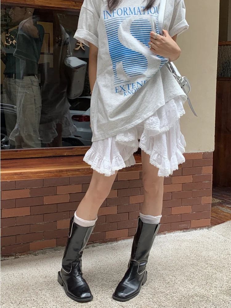 maoxiangshop Fairy Core Mini Skirt Women Elastic High Waist A-line Irregular Lace Trim Ruffles Cake Skirt Summer Mori Girl Style