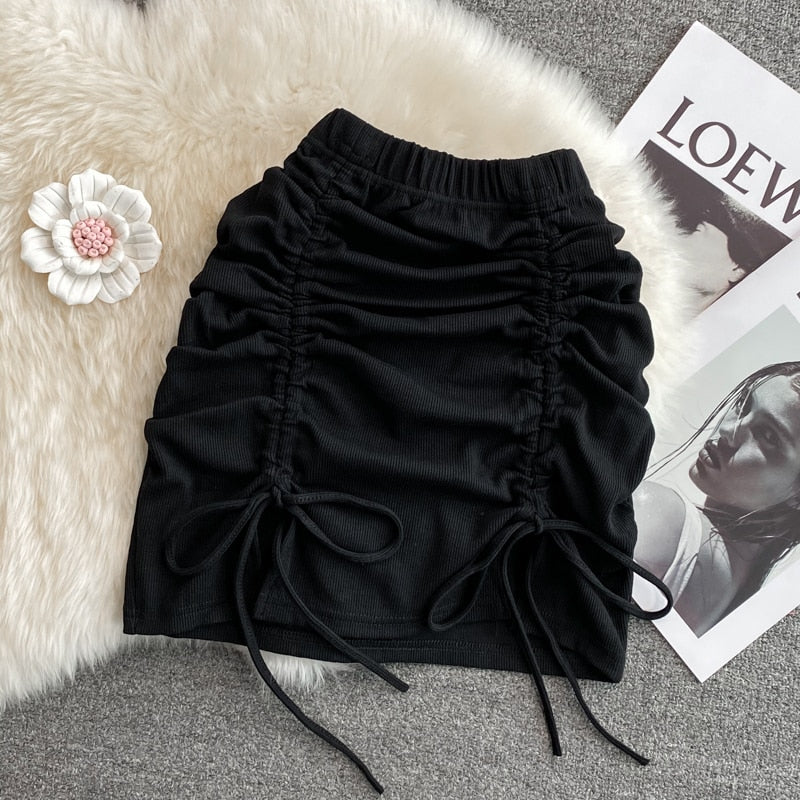 maoxiangshop Draw String Cotton Mini Skirt Girls Summer Elastic Waist Grey Black Split Folds Skirts Women Sexy Bottoms
