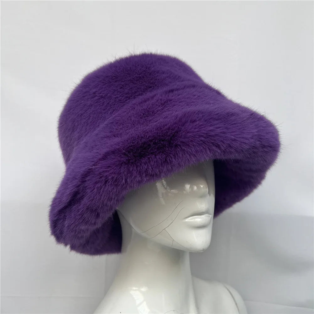 maoxiangshop - Luxury Ins Hot Y2k Girls Faux Fox Fur Bucket Hat Women Winter Warm Rabbit Fur Plush Fisherman Hat Cap Festival Party Ski Panama