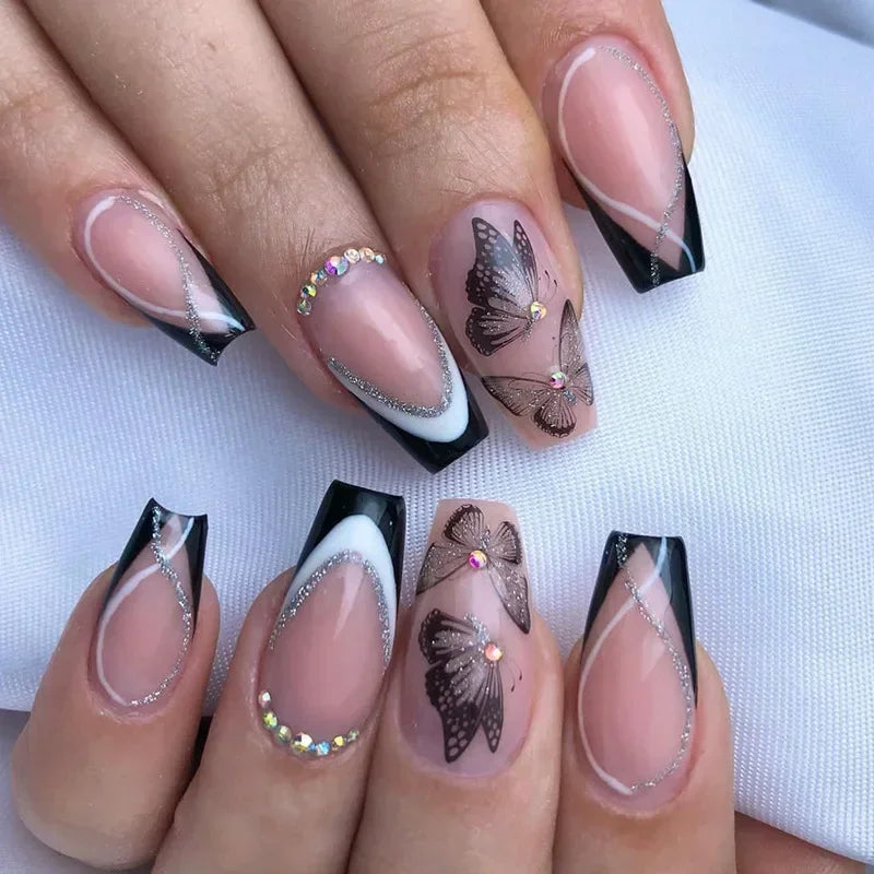 maoxiangshop 24Pcs Coffin False Nails Purple Butterfly Designs Fake Nails with Shiny Rhinestone Wearable French Full Cover Press on Nails