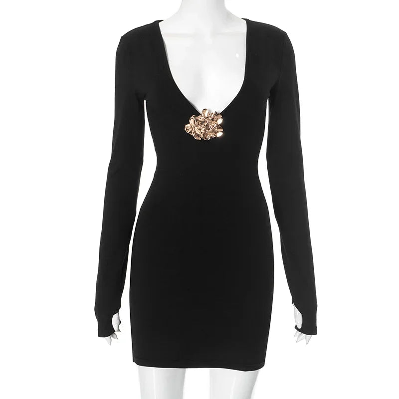 maoxiangshop - Plunge Slim Metallic Sexy Dress For Women Long Sleeve Mini Dress High Waist Elegant Solid Autumn Fashion Club Party Dress