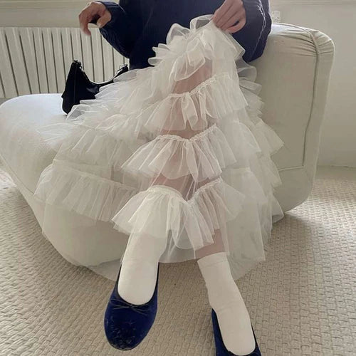 maoxiangshop - Maxi Long Tulle White Skirts for Women Gothic Patchwork Ruffles Skirt Casual Party Fairycore Summer Jupe Longue Falda Mujer