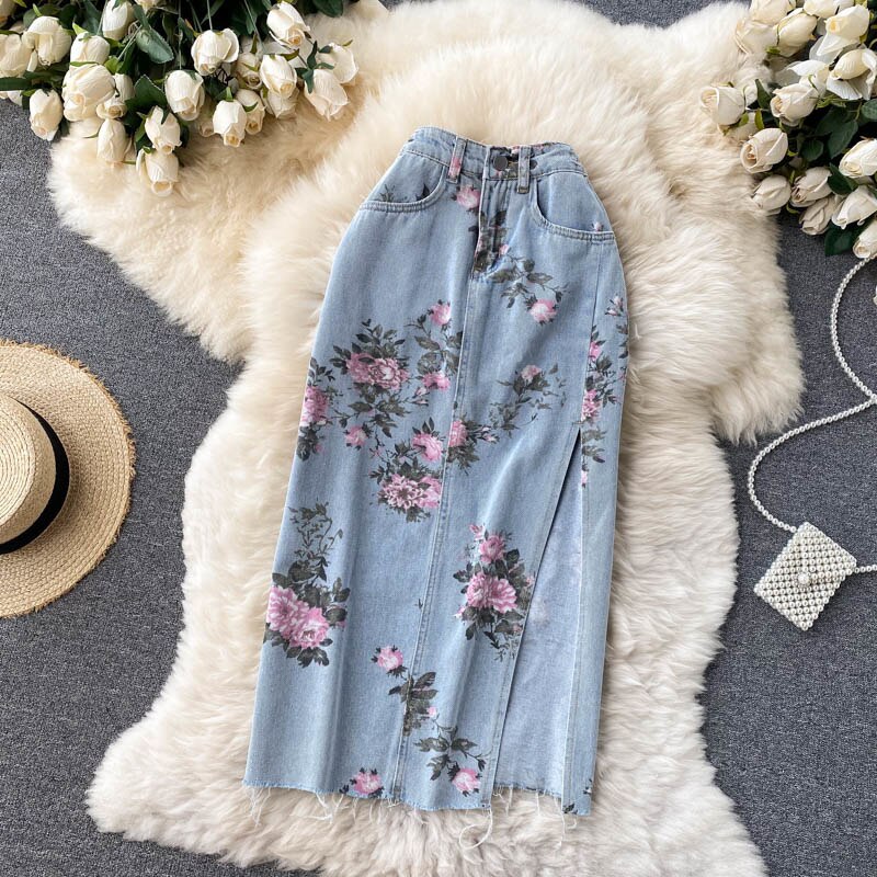 maoxiangshop Flowers Print Jeans Women Vintage High Waist Denim Long Pants Fashion Autumn Casual Wide Leg Full Length Denim Trousers