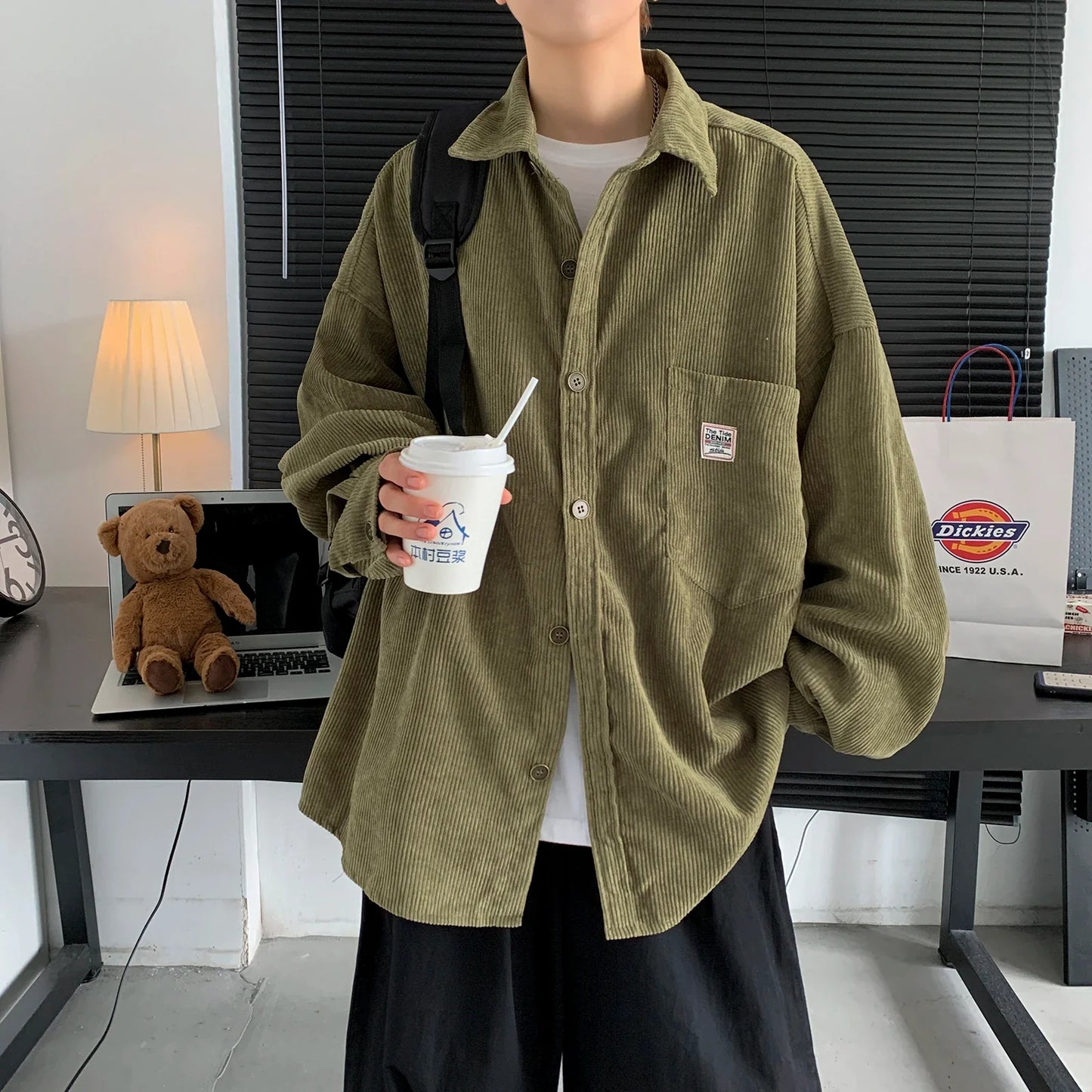 maoxiangshop Men Corduroy Shirts Harajuku Korean Loose Style Long Sleeve Vintage Streetwear Overshirt M-3XL