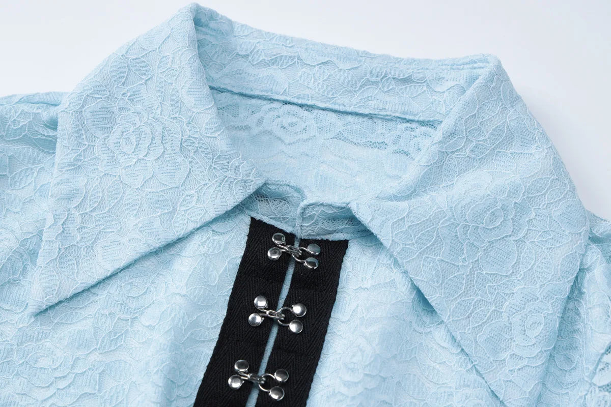 maoxiangshop - 2024 Autumn Women Solid Lace Shirts Fashion Turn Down Collar Flare Long Sleeve Single Breasted Slim Tops Casual Streetwear