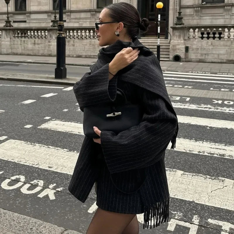 maoxiangshop - Fashion Striped Scarf Collar Short Jacket Women Elegant Wool Blend Single Breasted Crop Coat 2024 New Autumn Street Warm Outwear