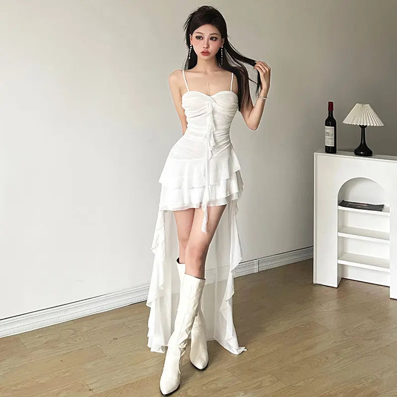 maoxiangshop Sexy Ruffle Mesh Dresses Women Sleeveless Black Prom Dress White Aesthetics Clothing Sweet Asymmetrical Summer Dress