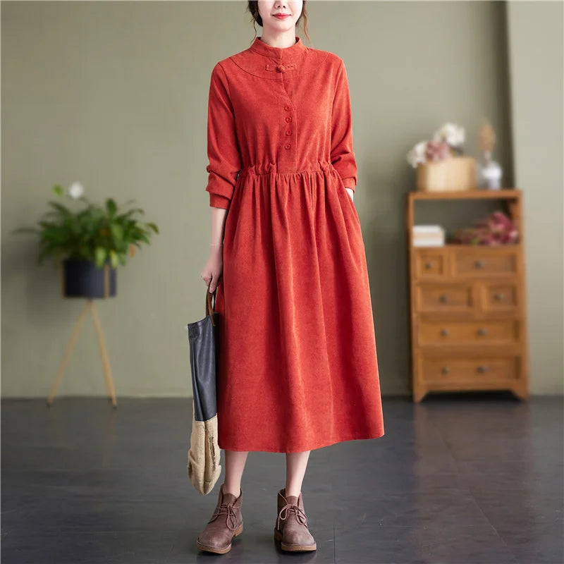 maoxiangshop Vintage Corduroy Dress Stand Collar Buttons High Waisted Midi Dress Long Sleeve Retro A Line Dress Women Pockets Autumn