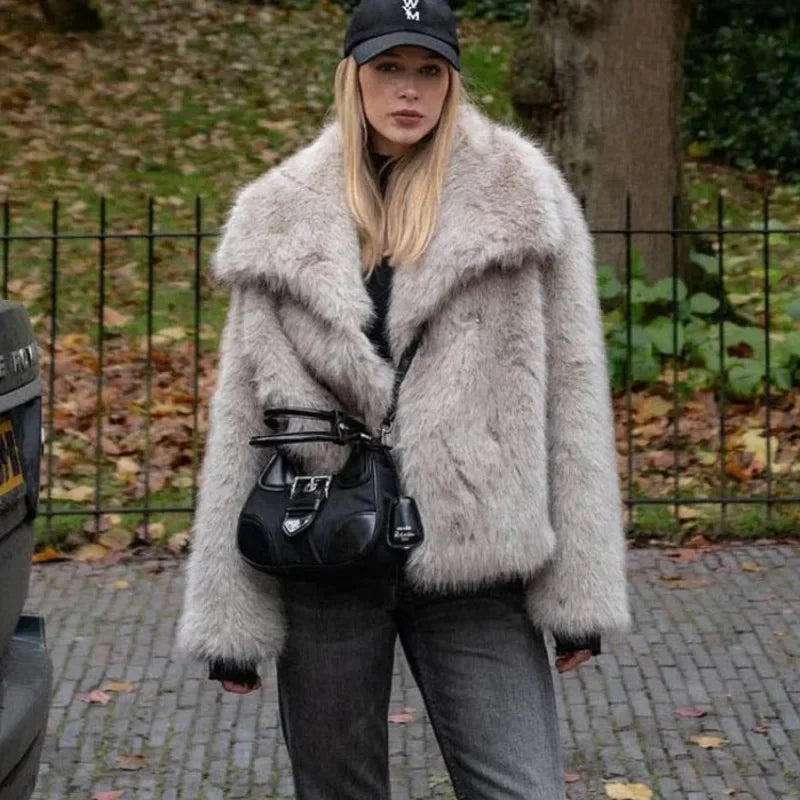 maoxiangshop - Faux Fur Cardigan Coat Women 2024 Winter Luxury Solid Long Sleeve Fashion Short Coats Lady Elegant Warm Thick Jackets Outerwear
