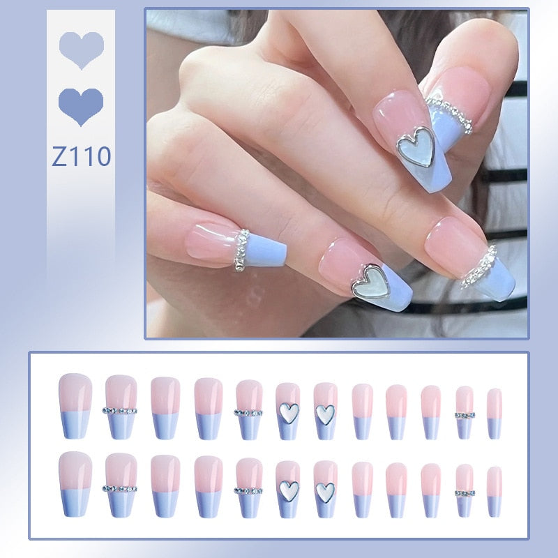 24pcs/box Fake Nails Press on Short Reusable with Designs Set French Artificial Pink kawaii False Tipsy Stick-on Nails Tips Art