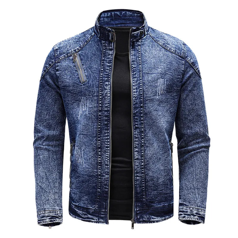 maoxiangshop New Motorcycle Denim Jacket Men Retro Zippers Stand Collar Denim Coats Mens Cotton Slim Fit Denim Jacket Moto Biker Outerwear