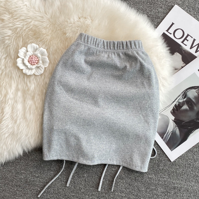 maoxiangshop Draw String Cotton Mini Skirt Girls Summer Elastic Waist Grey Black Split Folds Skirts Women Sexy Bottoms
