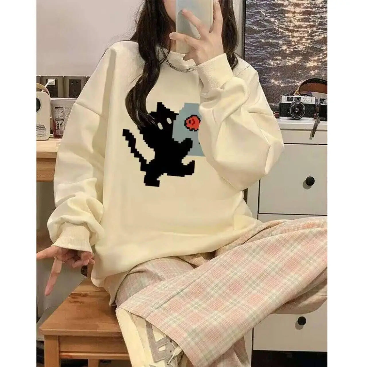 HOUZHOU Kawaii Y2K Grey Crewneck Sweatshirts Women Japanese 2000s Style Cute Long Sleeve Hoodies Harajuku Cotton Tops Winter