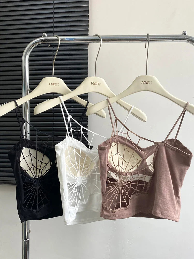 maoxiangshop Women Black Hollow Out Crop Top Vintage Y2k Camisole Corset Top Sleeveless Off Shoulder Vest 90s Tank Tops 2000s Clothes Summer