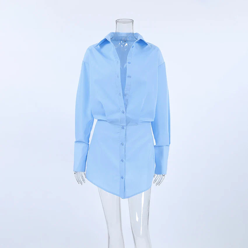 maoxiangshop - Blue Shirts Dress Slim Women Classic Lapel Long Sleeves Pleated Pencil Mini Dress Summer Autumn 2024 Office Ladies