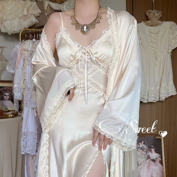 maoxiangshop Autumn Silk Sexy Strap Dress Women Casual Korean Elegant Long Split Dress Patchwork Lace Dress Women Fashion Elegant V Neck