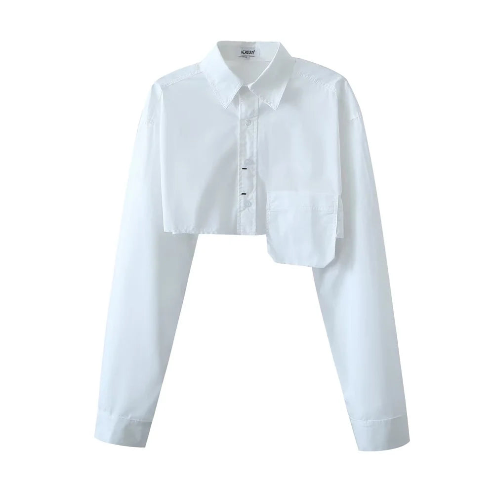 maoxiangshop - Long sleeve cropped blouse women Summer fashion sexy short blouse women white cute tops loose pocket designer clothes