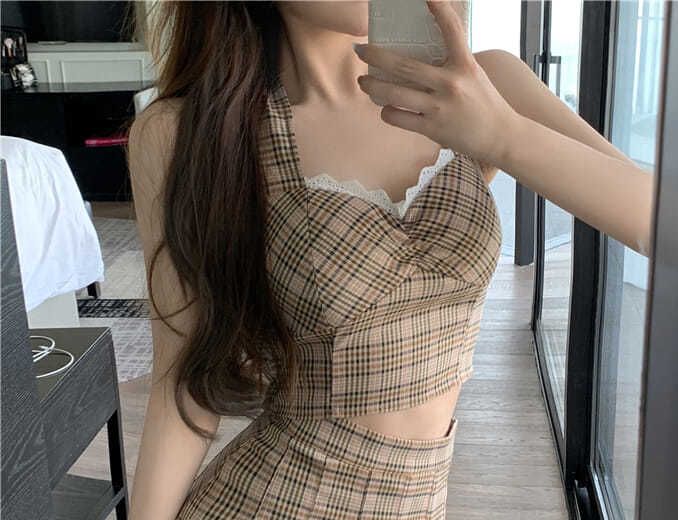 maoxiangshop Plaid Suit Women Camisole + Short Skirt Two-piece Sets Summer New Temperament Vintage Lace Patchwork Sleeveless Suit Trend