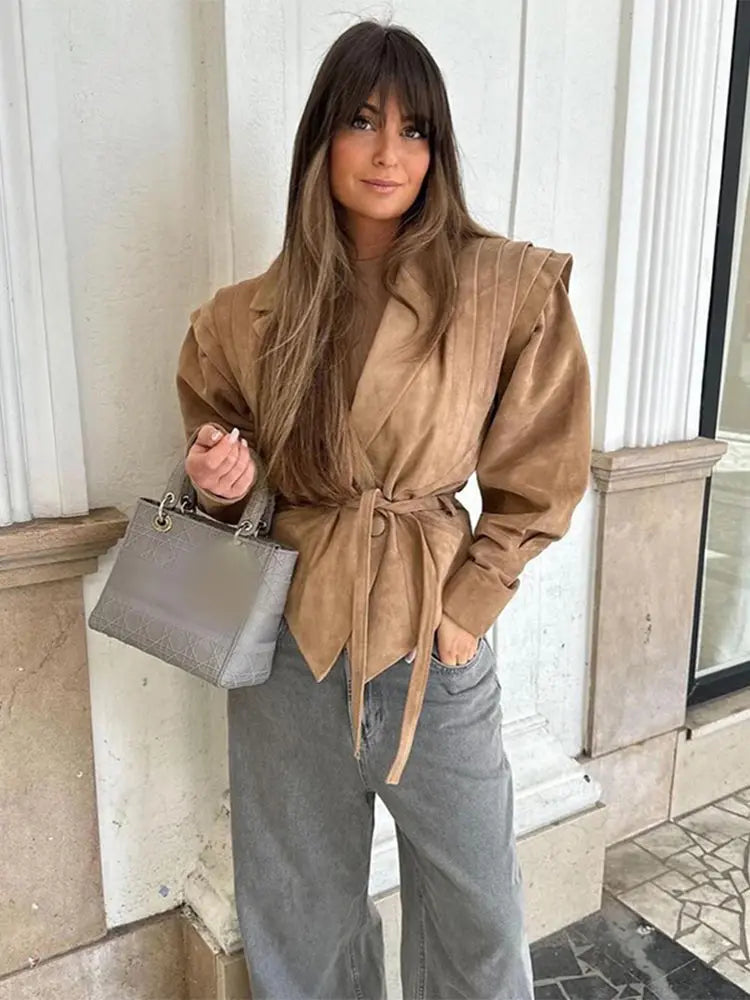 maoxiangshop - Fashion Solid Lapel Motorcycle Jackets With Belt Women Casual Long Sleeve Button Coats 2024 Winter Lady High Street Outercoat
