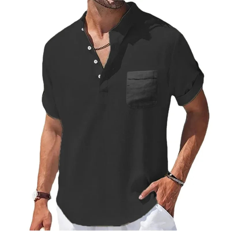 maoxiangshop New Men's Short Sleeve Breathable T-shirts Summer Solid Color Basic Pocket Shirts for Men Oversized Half Button Linen Streetwear