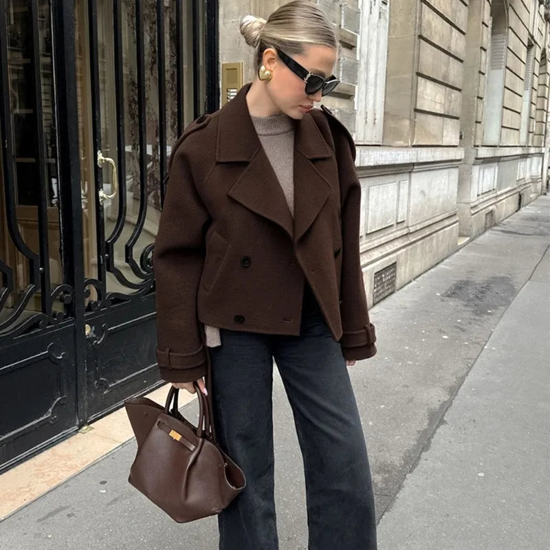 maoxiangshop - Brown Double Breasted Wool Coat Office Women's Retro Lapel Short Jacket Loose Solid Autumn Winter Coat Female Outfits