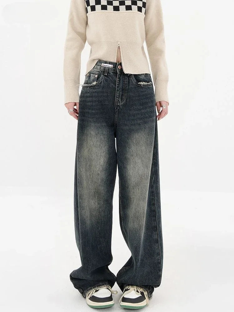 maoxiangshopY2K Women Vintage Streetwear Korean Baggy Blue Jeans High Waist Straight Wide Leg Pants Denim Trousers Fairy Grunge Alt Clothes