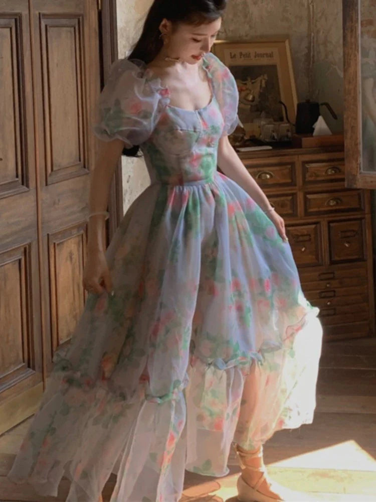 maoxiangshop Vintage Floral Evening Midi Maxi Dresses for Women Elegant Casual Party Prom Green Holiday Princess Fairy Long Dress Summer 2024