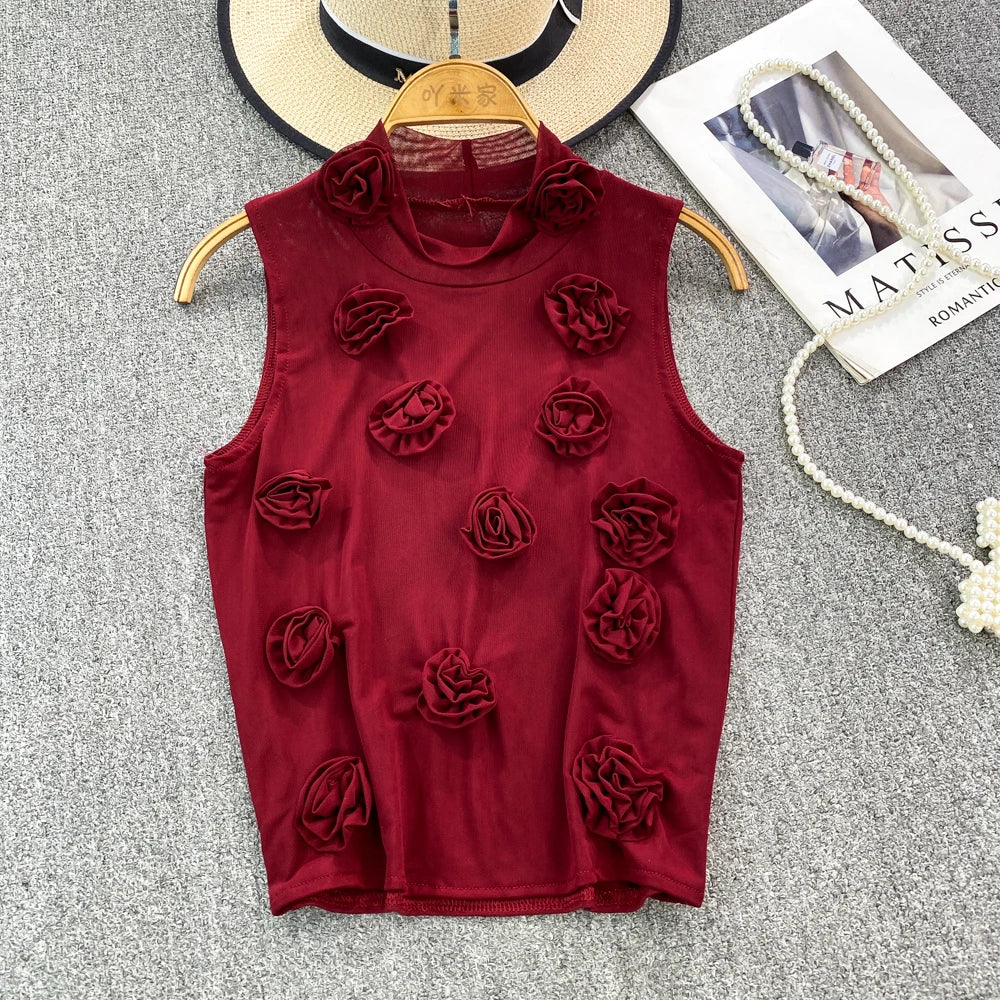 maoxiangshop American Chic Tank Top Women 3D Floral Mesh Sheer Stand Collar Sleeveless Female Crop Tops Streetwear Hot Camisole