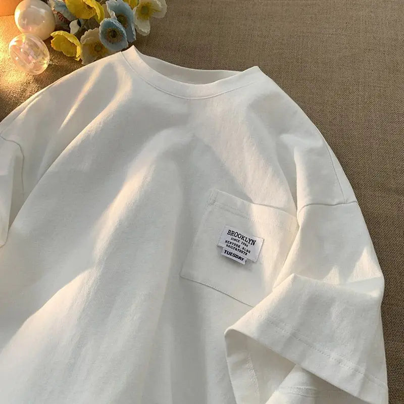 maoxiangshop Japanese Label Design Short-sleeved T-shirt for Men in Summer Trendy Brand Casual Loose Korean Style Simple Pocket Niche T-shirt