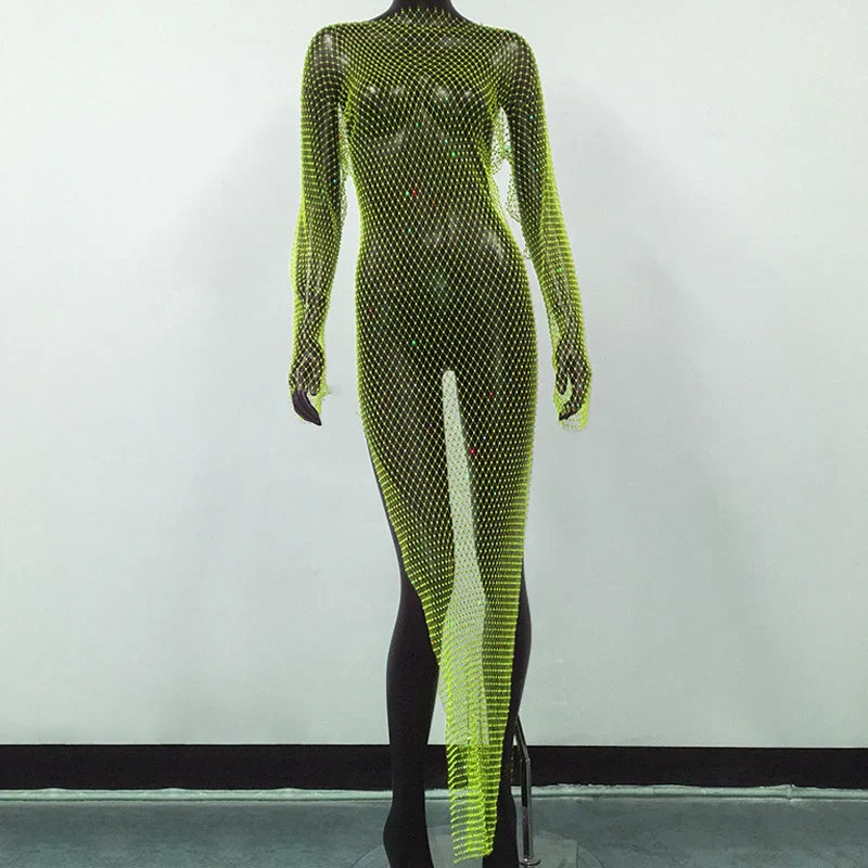 maoxiangshop-Y2K Sexy Shiny Rhinestones Grid Fishnet Dress Long Sleeve Hollow Out Side Slit Dress Beach Cover Up Breathable Lady Vestidos