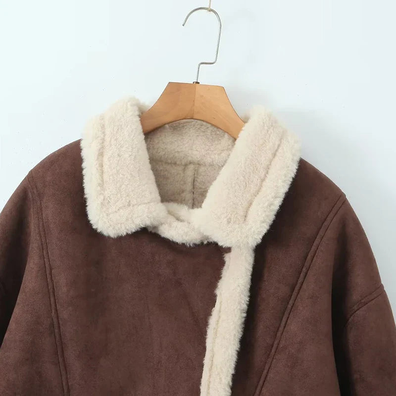 maoxiangshop - Fashion Oversize Loose Lamb Jacket For Women 2024 Winter Long Sleeve Button Fleece Coats Female Hip Hop Street Fluffy Outerwear