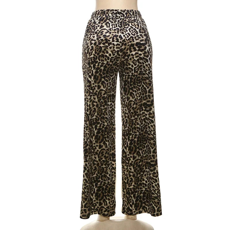 maoxiangshop - Stripe Leopard Patchwork Women Flare Pants 2024 Autumn Drawstring High Waist Loose Casual Streetwear Trousers Female Sweatpants